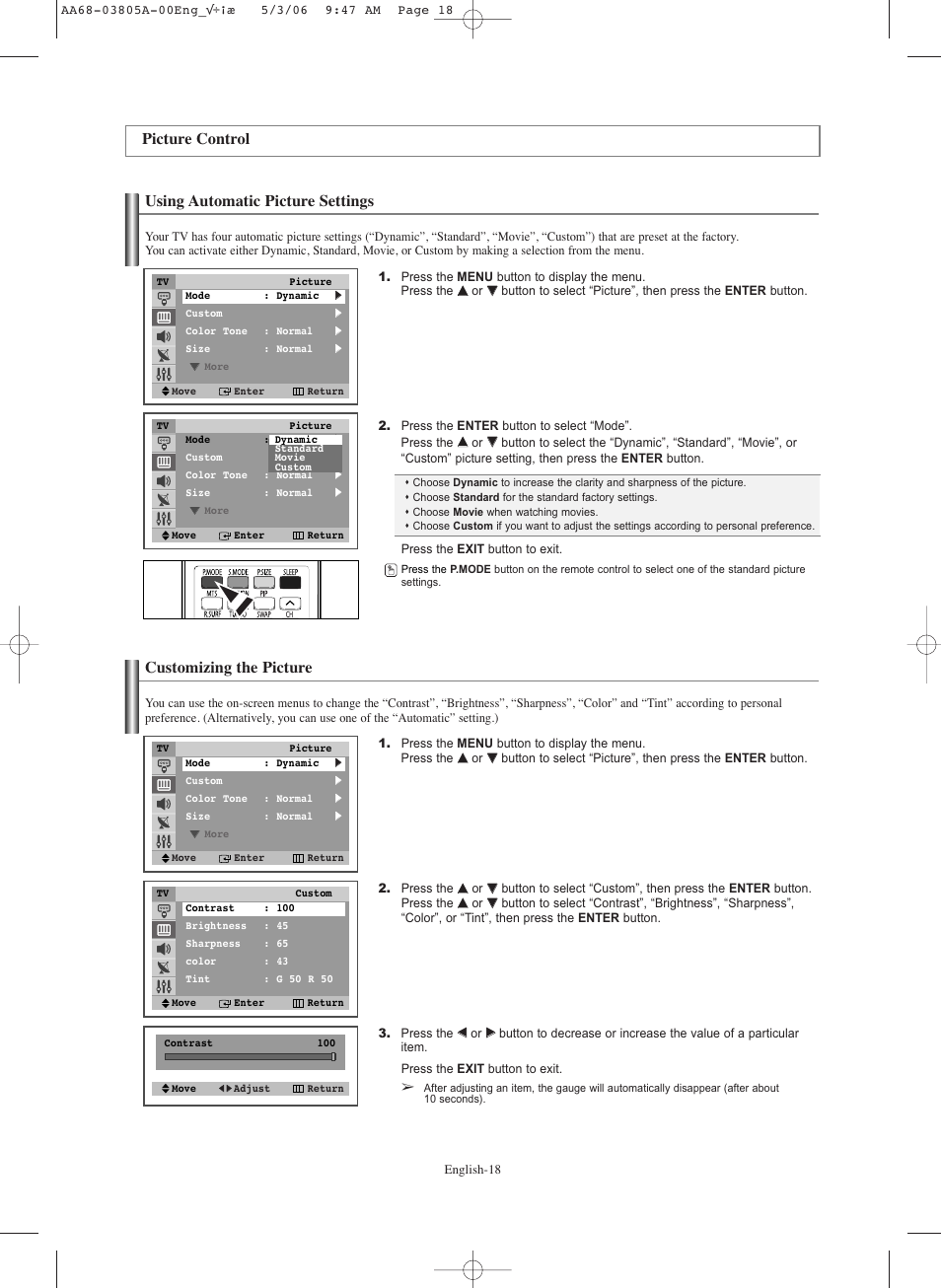 Picture control, Using automatic picture settings, Customizing the picture | Samsung TXS2740X-XAC User Manual | Page 18 / 40