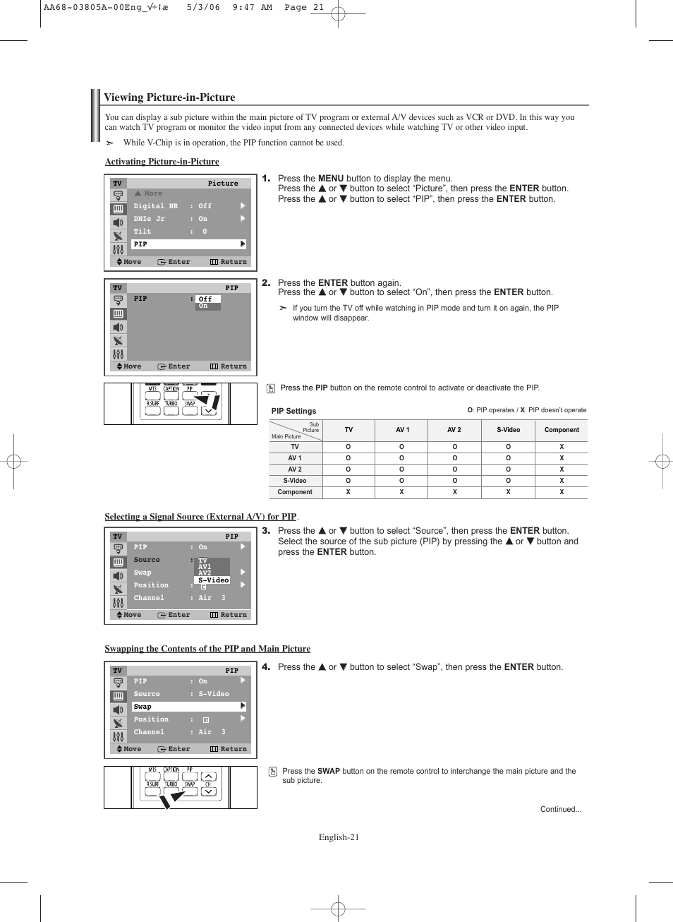 Viewing picture-in-picture | Samsung TXS2740X-XAC User Manual | Page 21 / 40