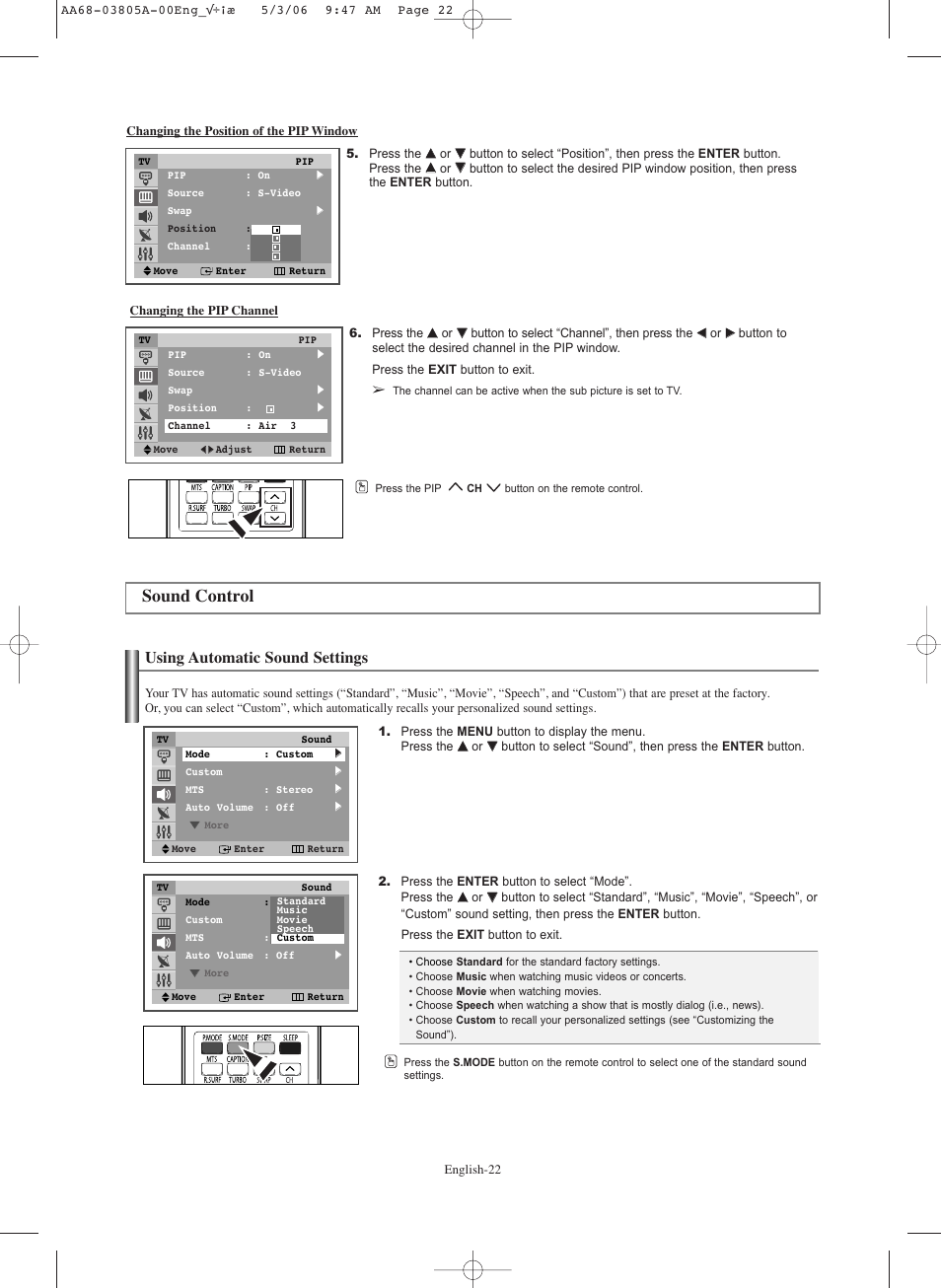 Sound control, Using automatic sound settings | Samsung TXS2740X-XAC User Manual | Page 22 / 40