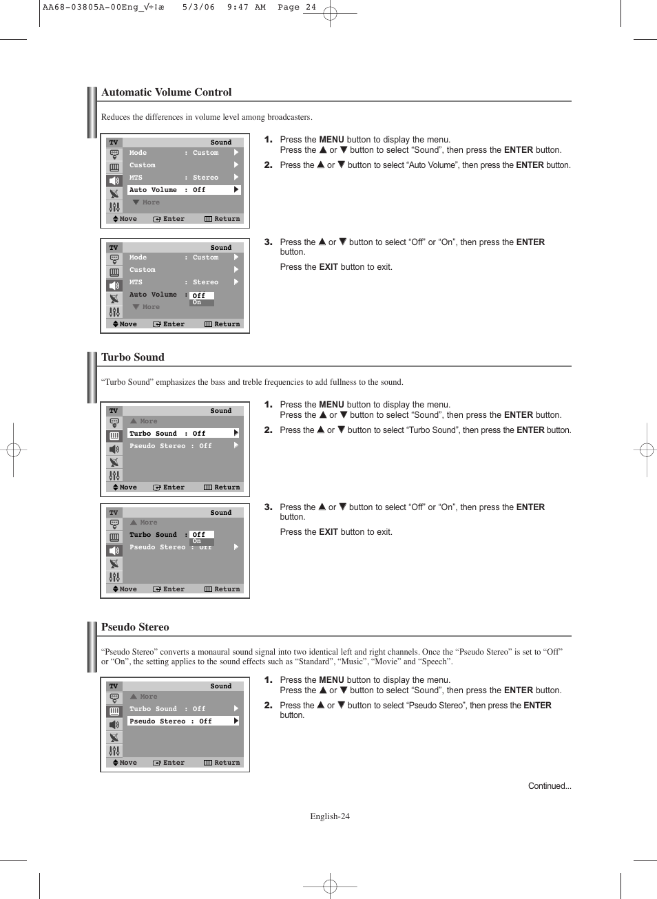 Automatic volume control, Turbo sound, Pseudo stereo | Samsung TXS2740X-XAC User Manual | Page 24 / 40