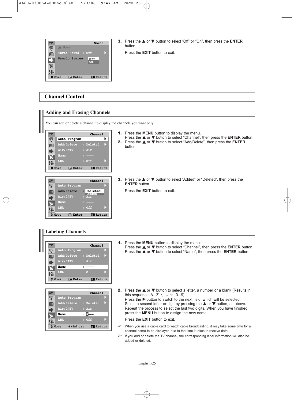 Channel control, Adding and erasing channels, Labeling channels | Samsung TXS2740X-XAC User Manual | Page 25 / 40