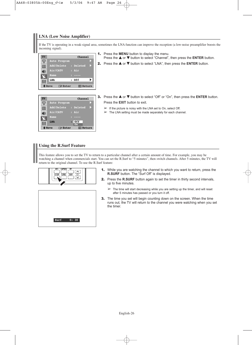 Lna (low noise amplifier), Using the r.surf feature | Samsung TXS2740X-XAC User Manual | Page 26 / 40