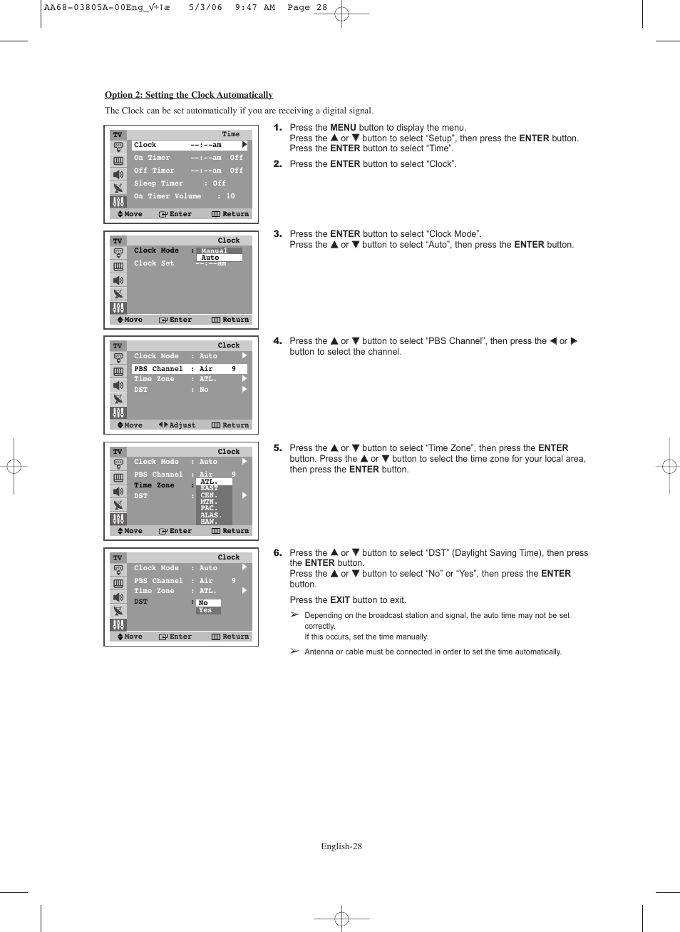 Option 2: setting the clock automatically | Samsung TXS2740X-XAC User Manual | Page 28 / 40