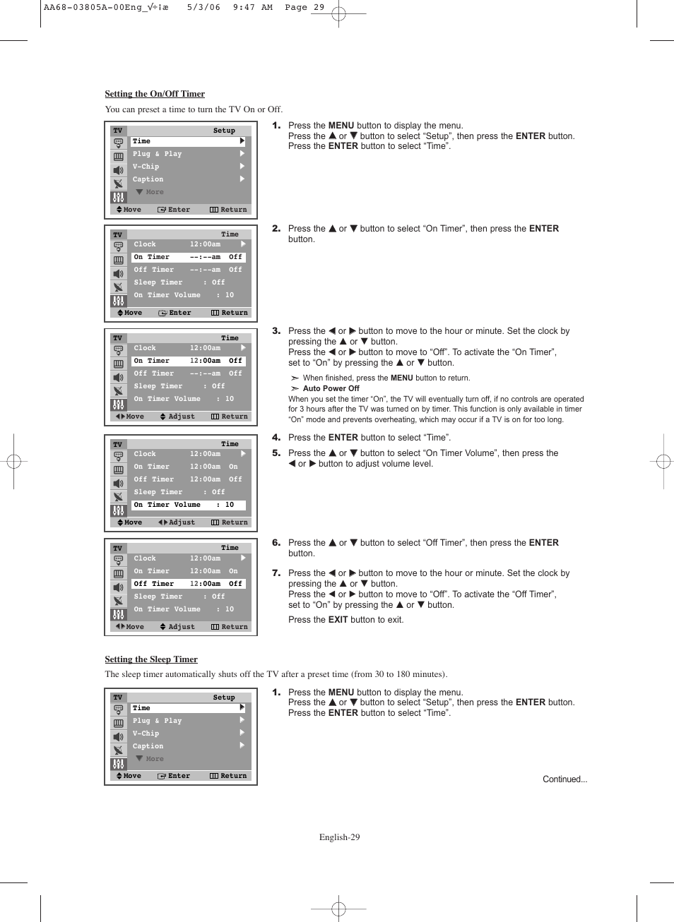 Setting the on/off timer, Setting the sleep timer | Samsung TXS2740X-XAC User Manual | Page 29 / 40