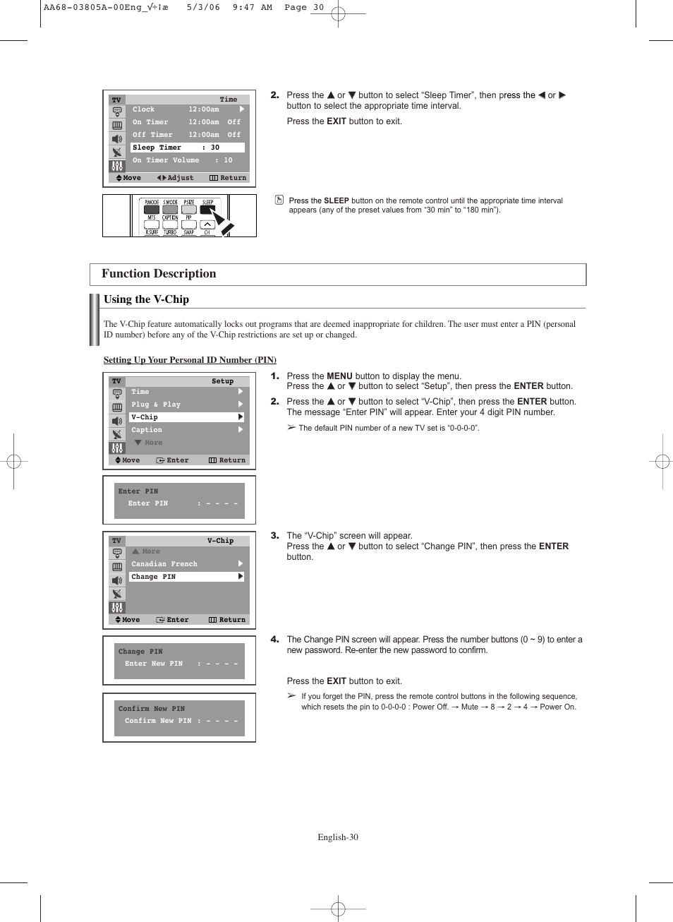 Function description, Using the v-chip, Setting up your personal id number (pin) | Samsung TXS2740X-XAC User Manual | Page 30 / 40