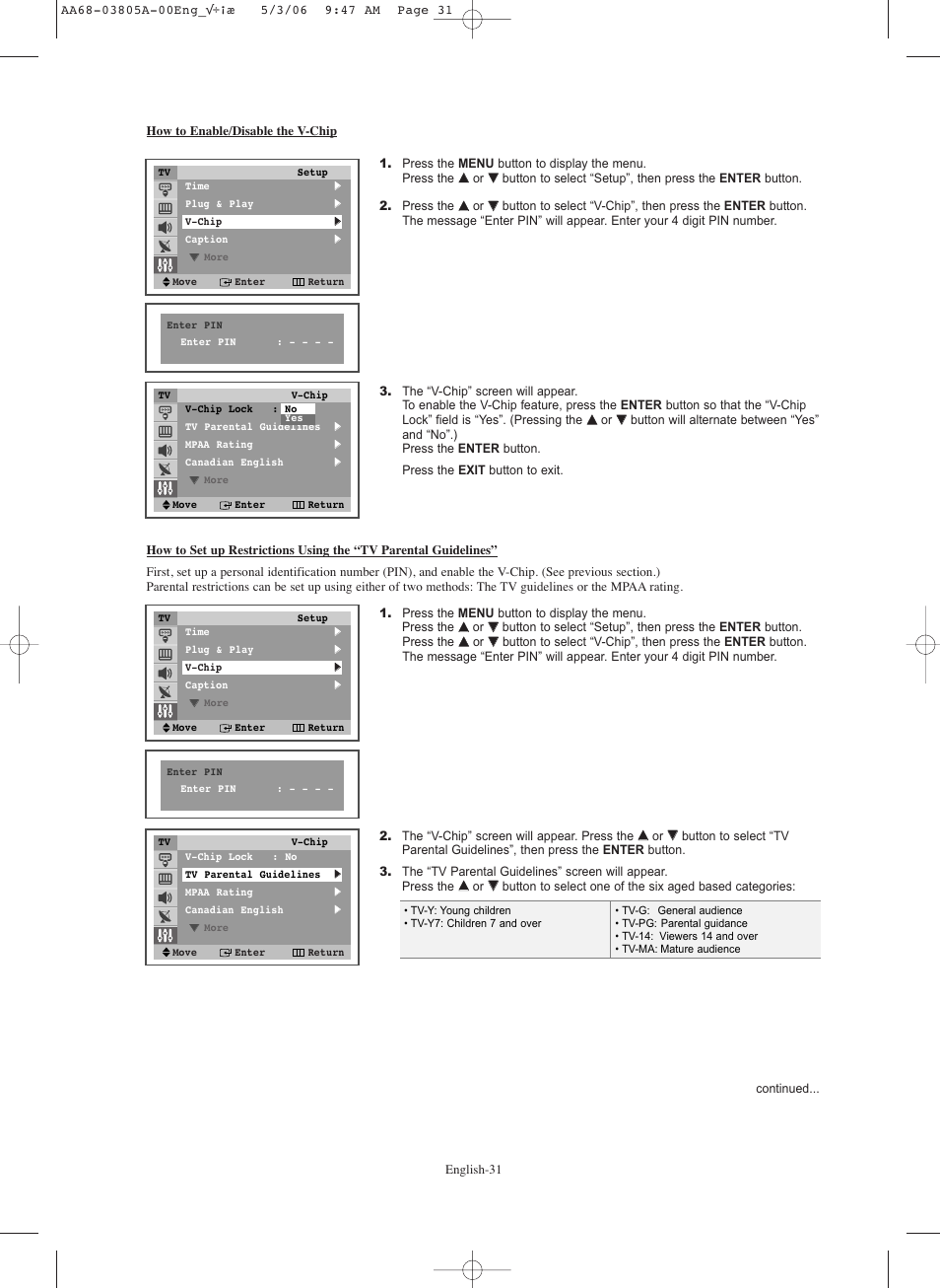 How to enable/disable the v-chip | Samsung TXS2740X-XAC User Manual | Page 31 / 40