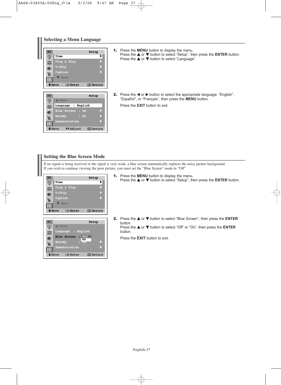 Selecting a menu language, Setting the blue screen mode | Samsung TXS2740X-XAC User Manual | Page 37 / 40