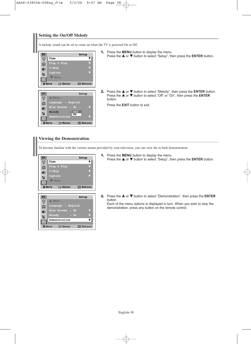 Setting the on/off melody, Viewing the demonstration | Samsung TXS2740X-XAC User Manual | Page 38 / 40