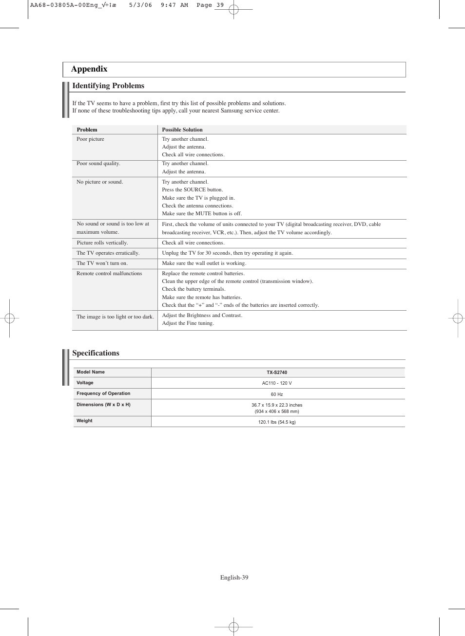 Appendix, Identifying problems, Specifications | Samsung TXS2740X-XAC User Manual | Page 39 / 40