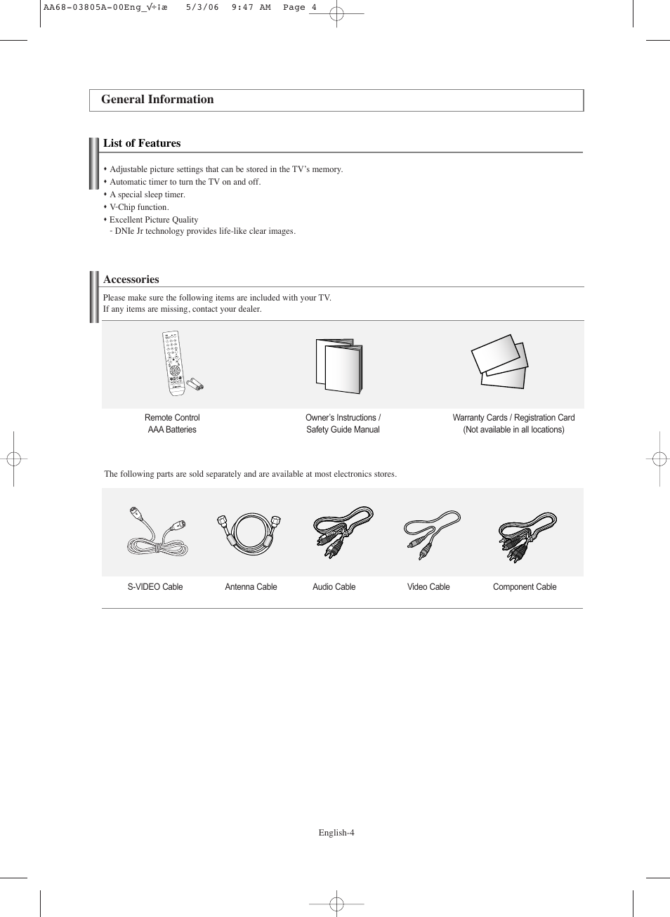General information, List of features, Accessories | Samsung TXS2740X-XAC User Manual | Page 4 / 40