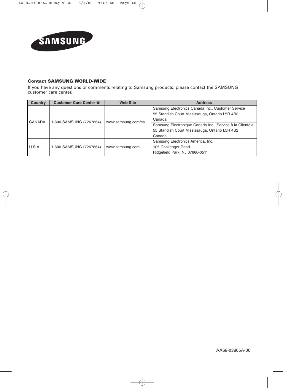 Samsung TXS2740X-XAC User Manual | Page 40 / 40