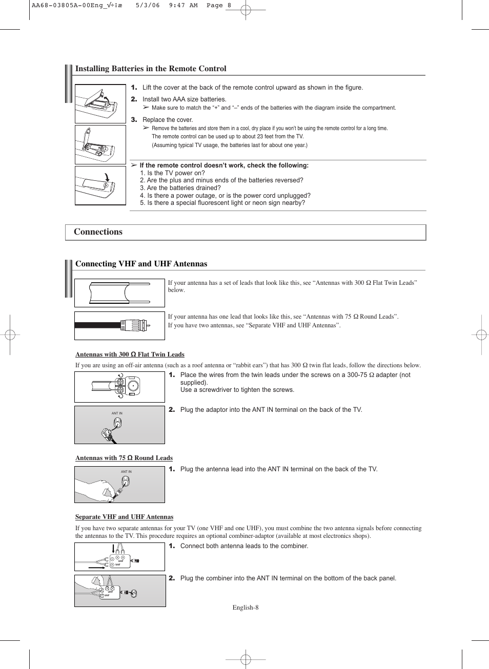 Installing batteries in the remote control, Connections, Connecting vhf and uhf antennas | Samsung TXS2740X-XAC User Manual | Page 8 / 40
