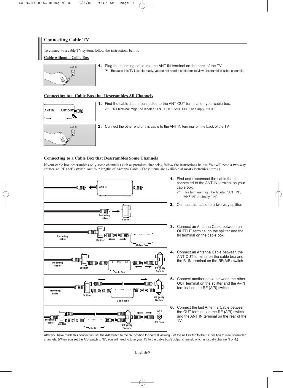Connecting cable tv | Samsung TXS2740X-XAC User Manual | Page 9 / 40