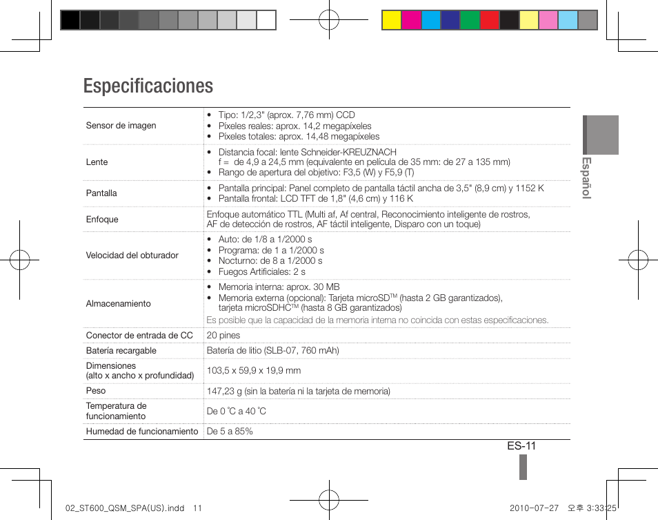 Especificaciones, Español | Samsung EC-ST600ZBPLUS User Manual | Page 21 / 24
