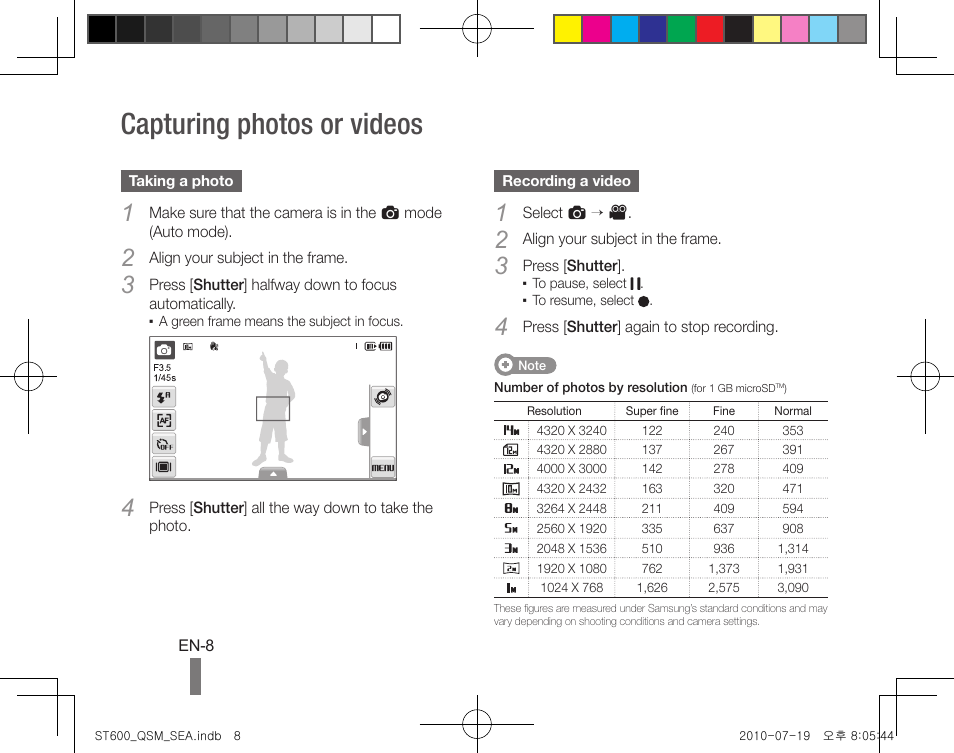 Capturing photos or videos | Samsung EC-ST600ZBPLUS User Manual | Page 8 / 24