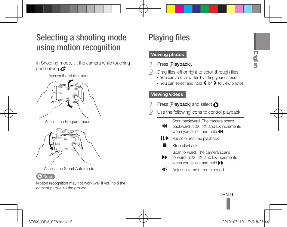 Selecting a shooting mode using motion recognition, Playing files | Samsung EC-ST600ZBPLUS User Manual | Page 9 / 24