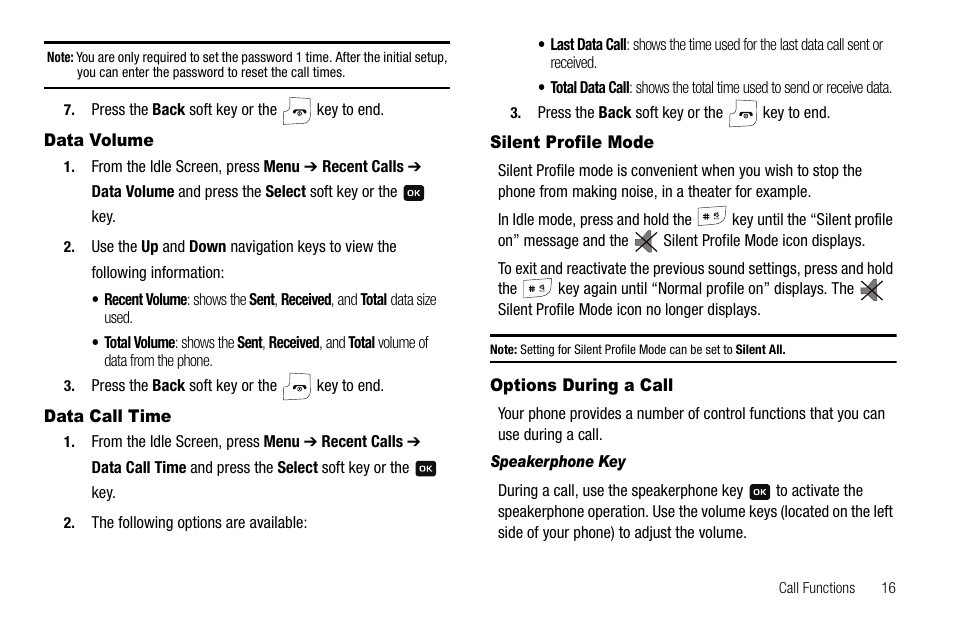 Data volume, Data call time, Silent profile mode | Options during a call | Samsung SGH-A137IBAATT User Manual | Page 19 / 83