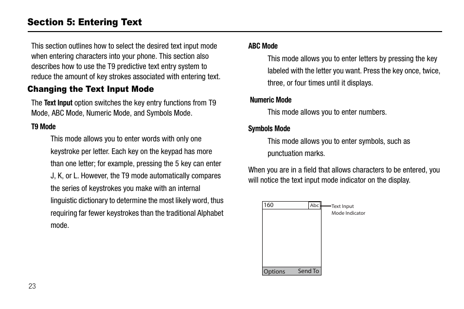 Section 5: entering text, Changing the text input mode | Samsung SGH-A137IBAATT User Manual | Page 26 / 83