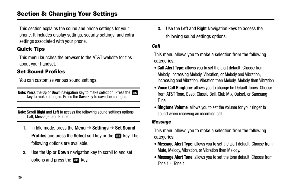 Section 8: changing your settings, Quick tips, Set sound profiles | Quick tips set sound profiles | Samsung SGH-A137IBAATT User Manual | Page 38 / 83