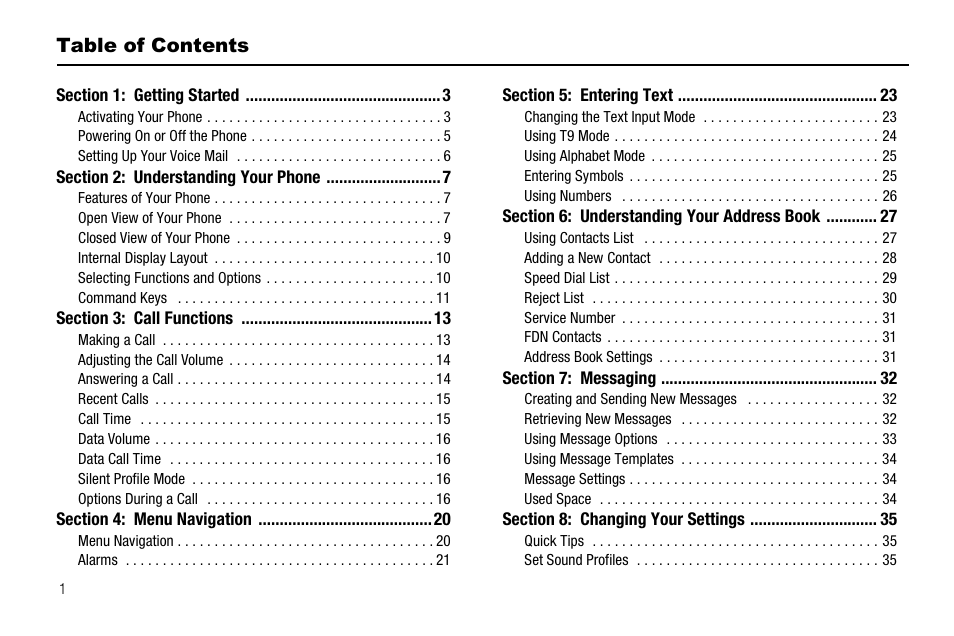 Section 1: getting started 3, Section 2: understanding your phone 7, Section 3: call functions 13 | Section 4: menu navigation 20, Section 5: entering text 23, Section 6: understanding your address book 27, Section 7: messaging 32, Section 8: changing your settings 35 | Samsung SGH-A137IBAATT User Manual | Page 4 / 83