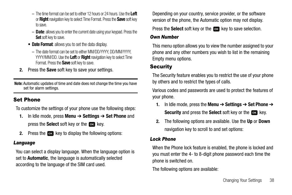 Set phone, Security, Set phone security | Samsung SGH-A137IBAATT User Manual | Page 41 / 83