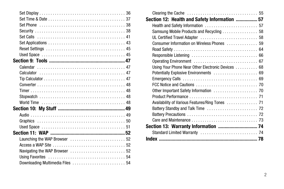 Section 9: tools 47, Section 10: my stuff 49, Section 11: wap 52 | Section 12: health and safety information 57, Section 13: warranty information 74 | Samsung SGH-A137IBAATT User Manual | Page 5 / 83