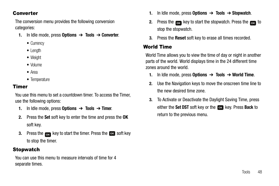 Converter, Timer, Stopwatch | World time, Converter timer stopwatch world time | Samsung SGH-A137IBAATT User Manual | Page 51 / 83