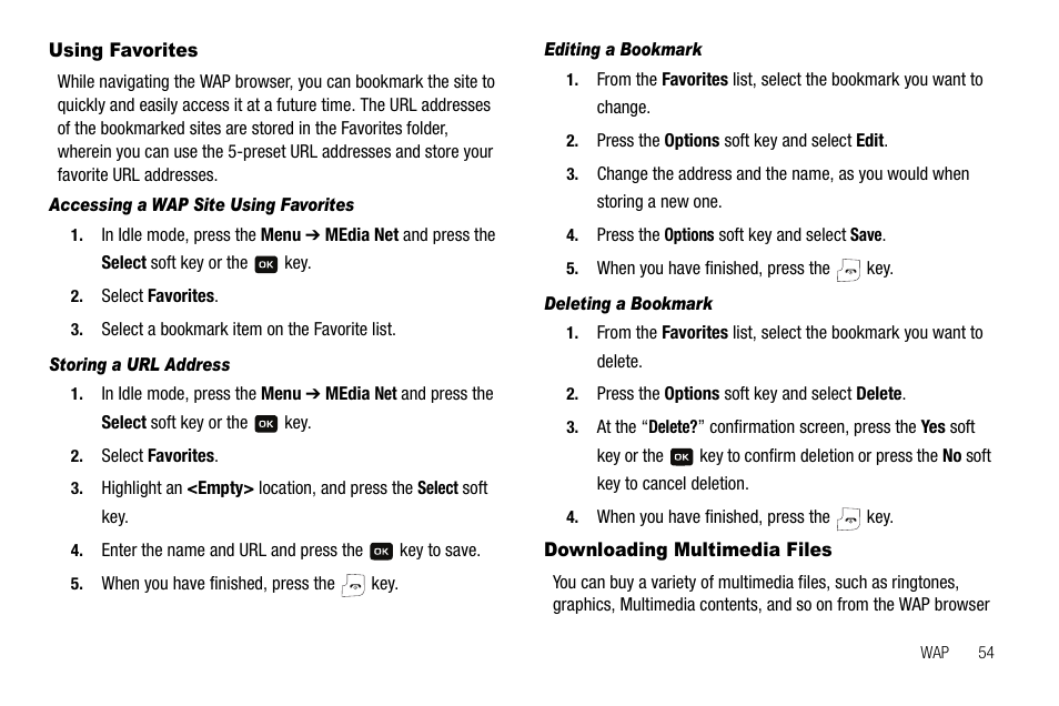 Using favorites, Downloading multimedia files, Using favorites downloading multimedia files | Samsung SGH-A137IBAATT User Manual | Page 57 / 83