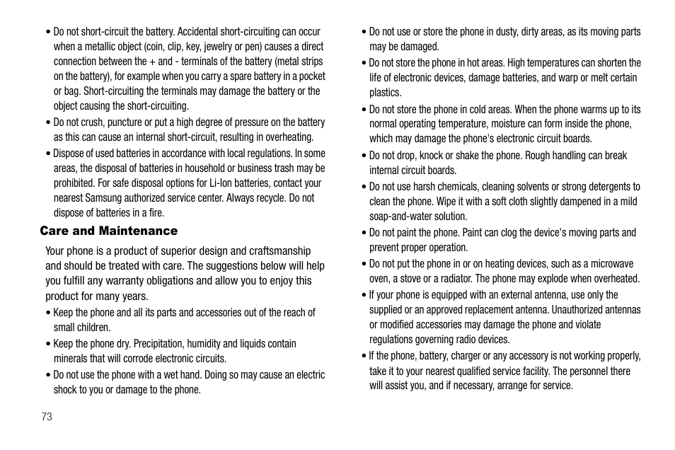 Care and maintenance | Samsung SGH-A137IBAATT User Manual | Page 76 / 83