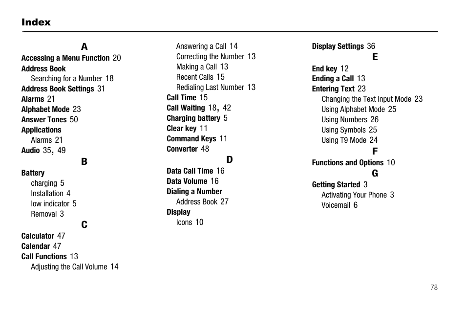 Index | Samsung SGH-A137IBAATT User Manual | Page 81 / 83