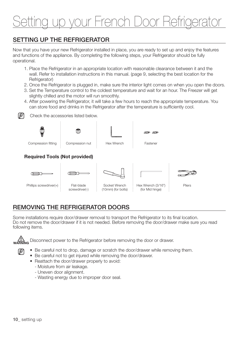 Setting up your french door refrigerator | Samsung RF197ABRS-XAA User Manual | Page 10 / 34