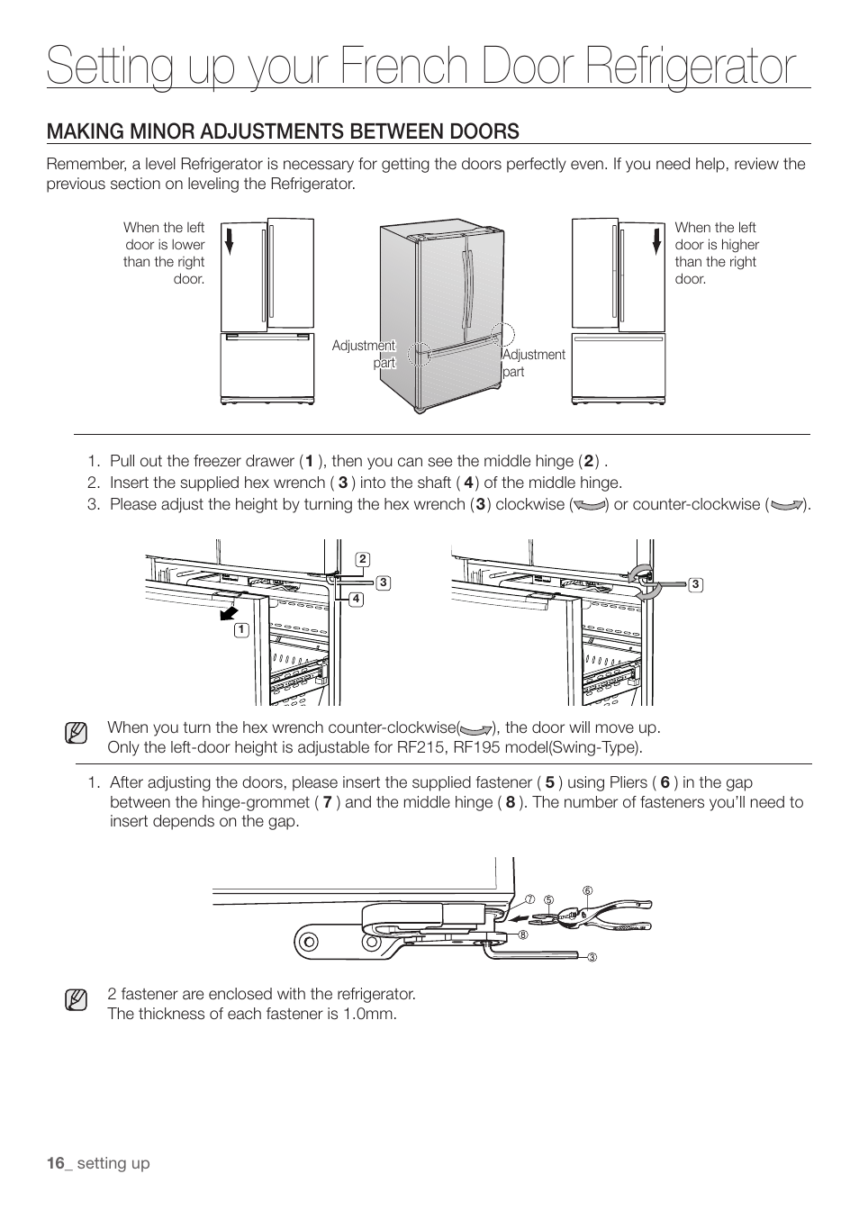 Setting up your french door refrigerator, Making minor adjustments between doors | Samsung RF197ABRS-XAA User Manual | Page 16 / 34