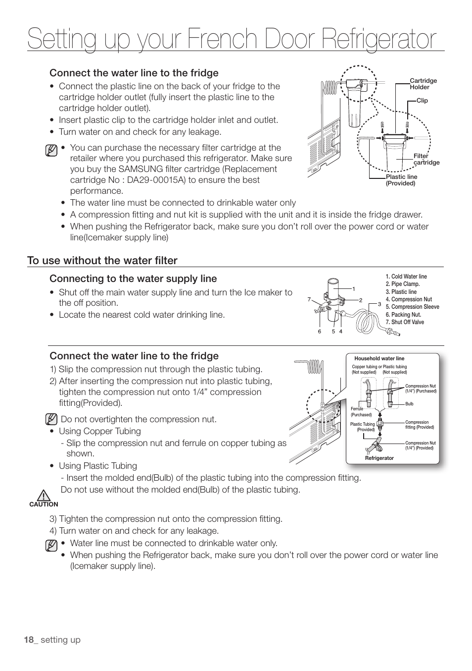 Setting up your french door refrigerator, Connect the water line to the fridge, Connecting to the water supply line | Samsung RF197ABRS-XAA User Manual | Page 18 / 34
