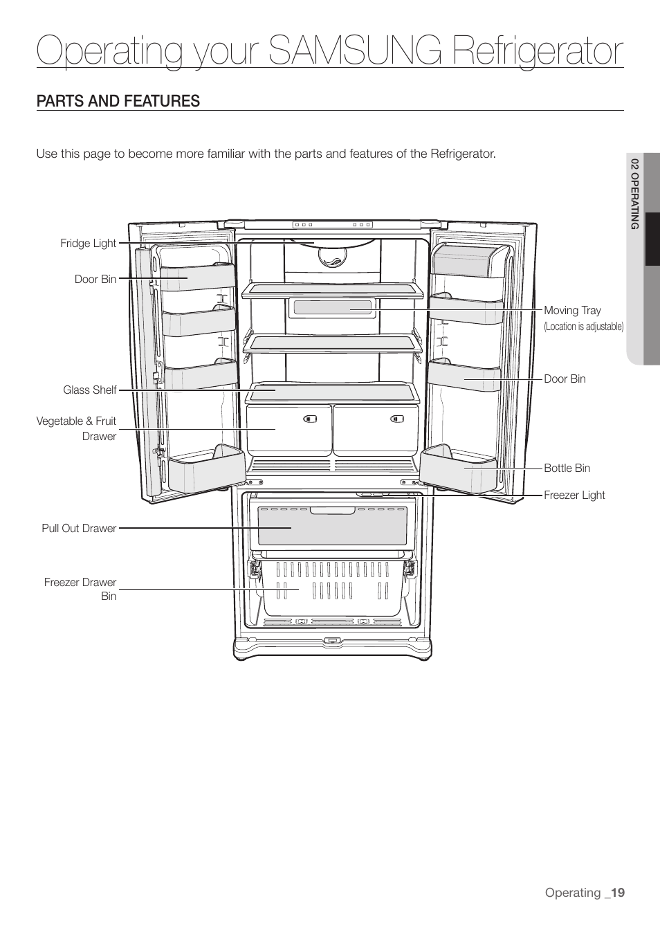 Operating your samsung refrigerator, Parts and features | Samsung RF197ABRS-XAA User Manual | Page 19 / 34