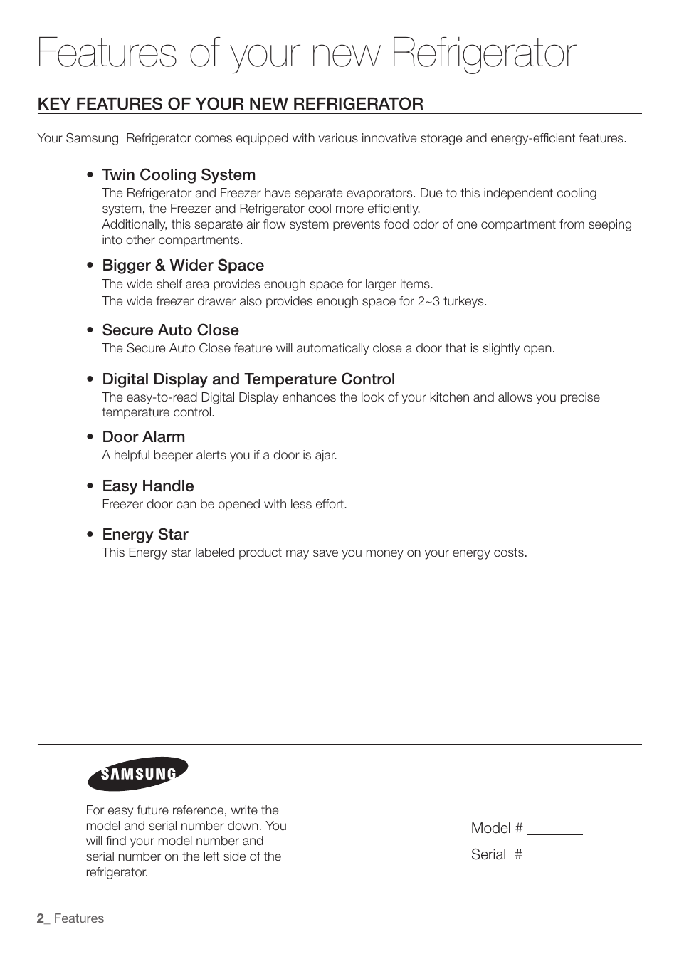 Features of your new refrigerator | Samsung RF197ABRS-XAA User Manual | Page 2 / 34