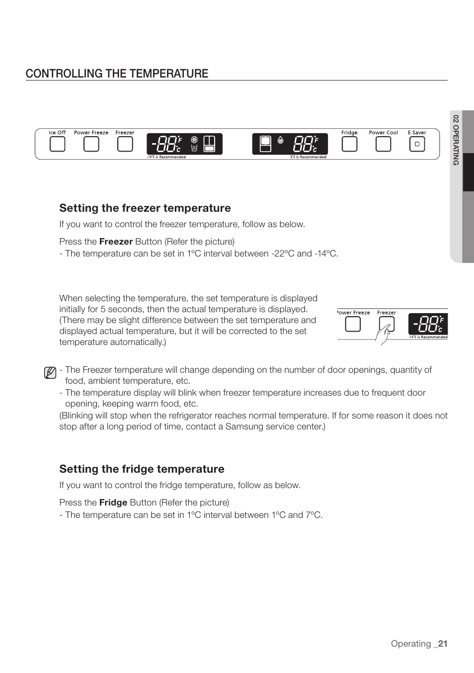 Controlling the temperature, Setting the freezer temperature, Setting the fridge temperature | Samsung RF197ABRS-XAA User Manual | Page 21 / 34