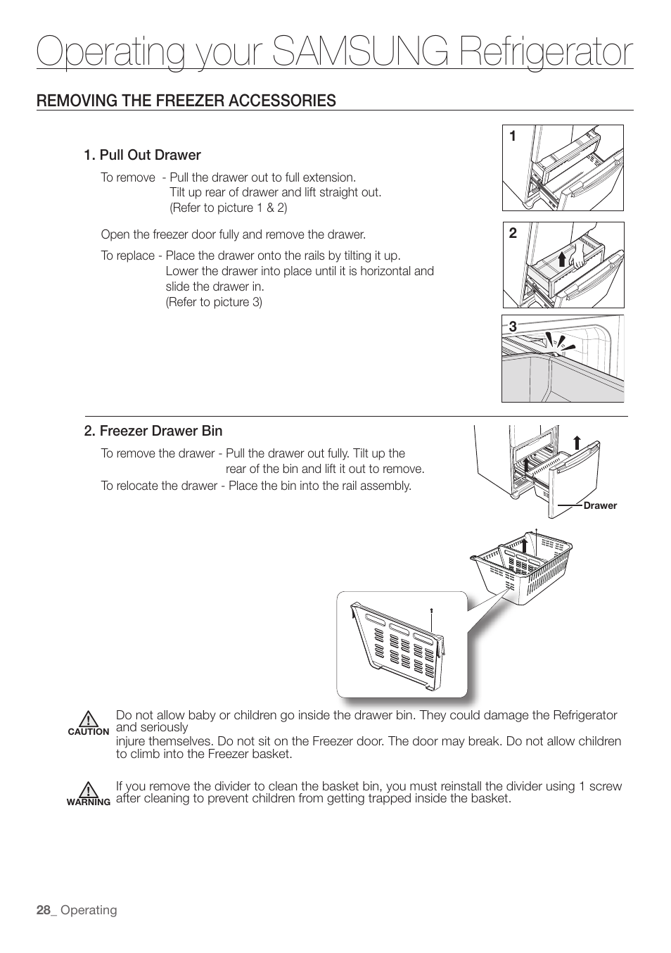 Operating your samsung refrigerator, Removing the freezer accessories | Samsung RF197ABRS-XAA User Manual | Page 28 / 34