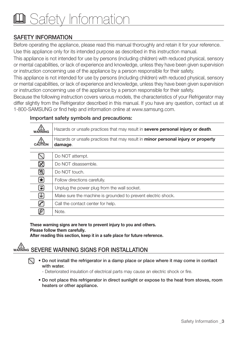 Safety information, Severe warning signs for installation | Samsung RF197ABRS-XAA User Manual | Page 3 / 34