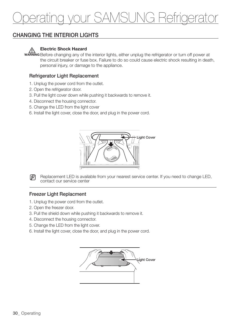 Operating your samsung refrigerator, Changing the interior lights | Samsung RF197ABRS-XAA User Manual | Page 30 / 34