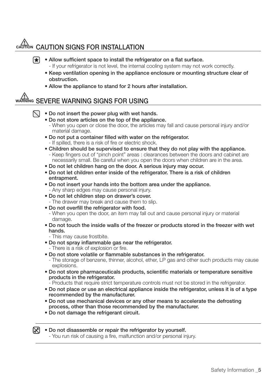 Caution signs for installation, Severe warning signs for using | Samsung RF197ABRS-XAA User Manual | Page 5 / 34