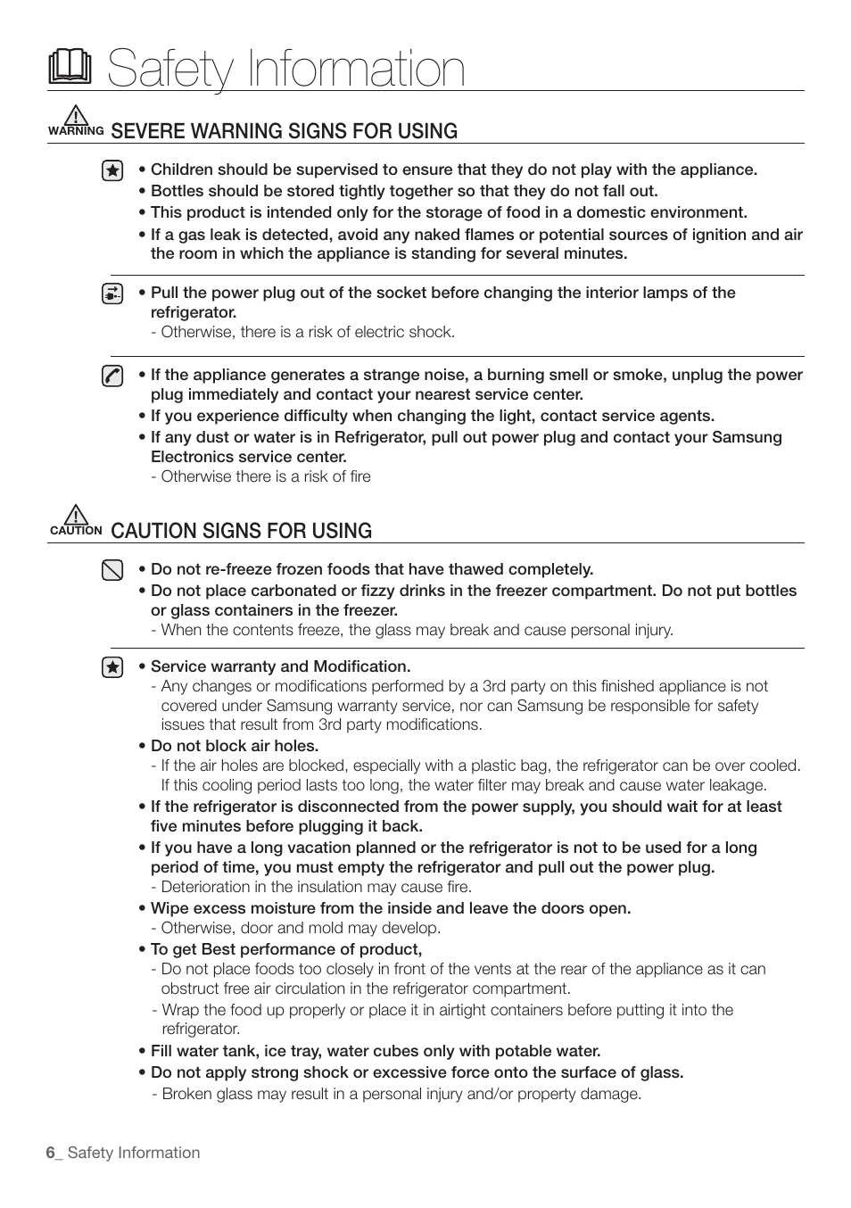 Safety information, Severe warning signs for using, Caution signs for using | Samsung RF197ABRS-XAA User Manual | Page 6 / 34