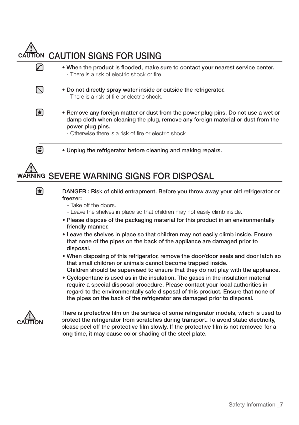 Severe warning signs for disposal, Caution signs for using | Samsung RF197ABRS-XAA User Manual | Page 7 / 34