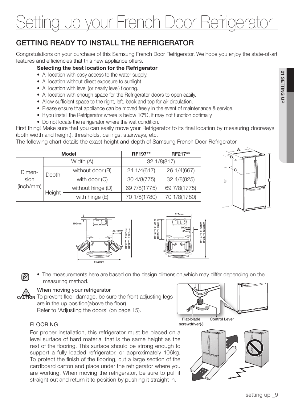 Setting up your french door refrigerator, Getting ready to install the refrigerator | Samsung RF197ABRS-XAA User Manual | Page 9 / 34