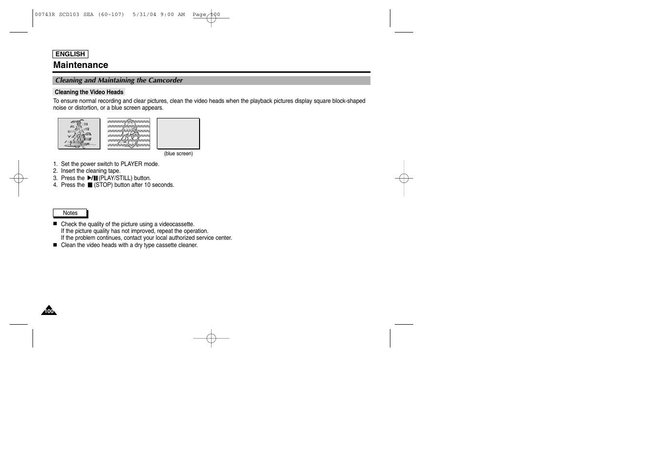 Cleaning and maintaining the camcorder, Cleaning the video heads, Maintenance | Samsung SC-D105-AFS User Manual | Page 104 / 112