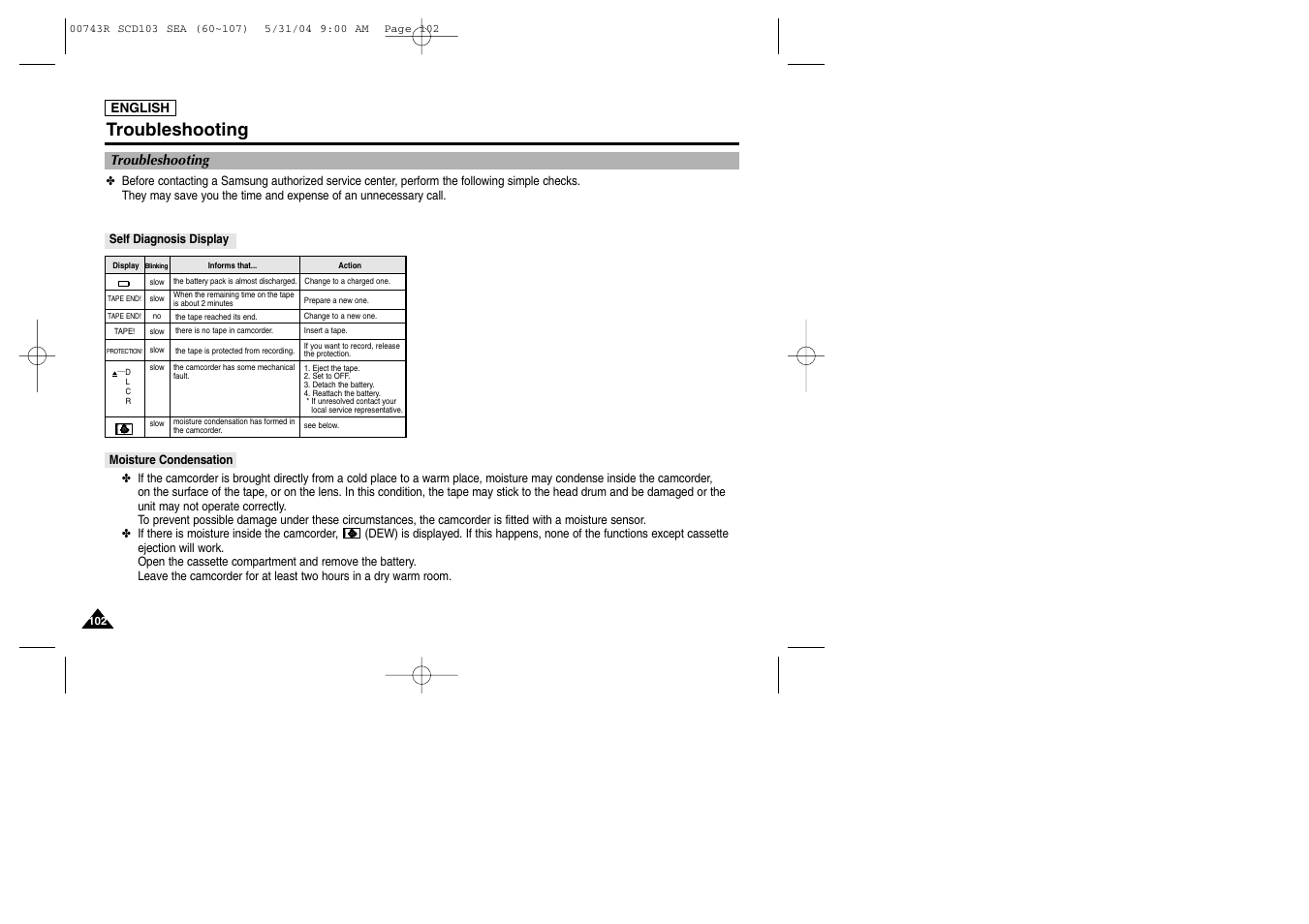 Troubleshooting, Self diagnosis display, Moisture condensation | Samsung SC-D105-AFS User Manual | Page 106 / 112