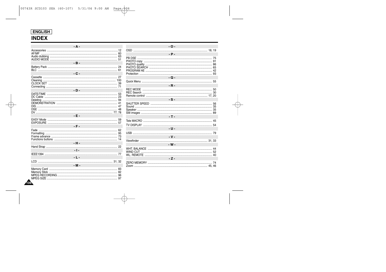 Index | Samsung SC-D105-AFS User Manual | Page 110 / 112