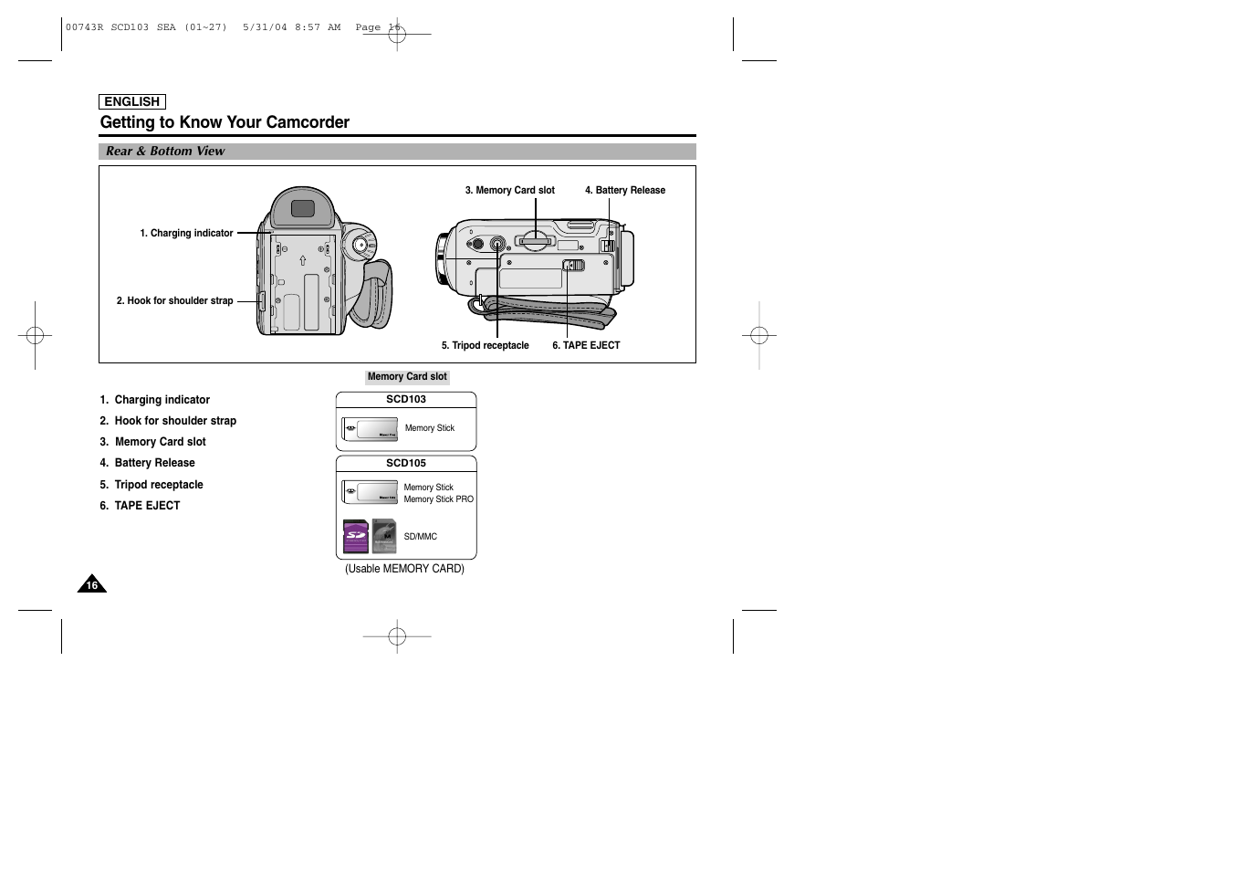 Rear & bottom view, Getting to know your camcorder | Samsung SC-D105-AFS User Manual | Page 20 / 112