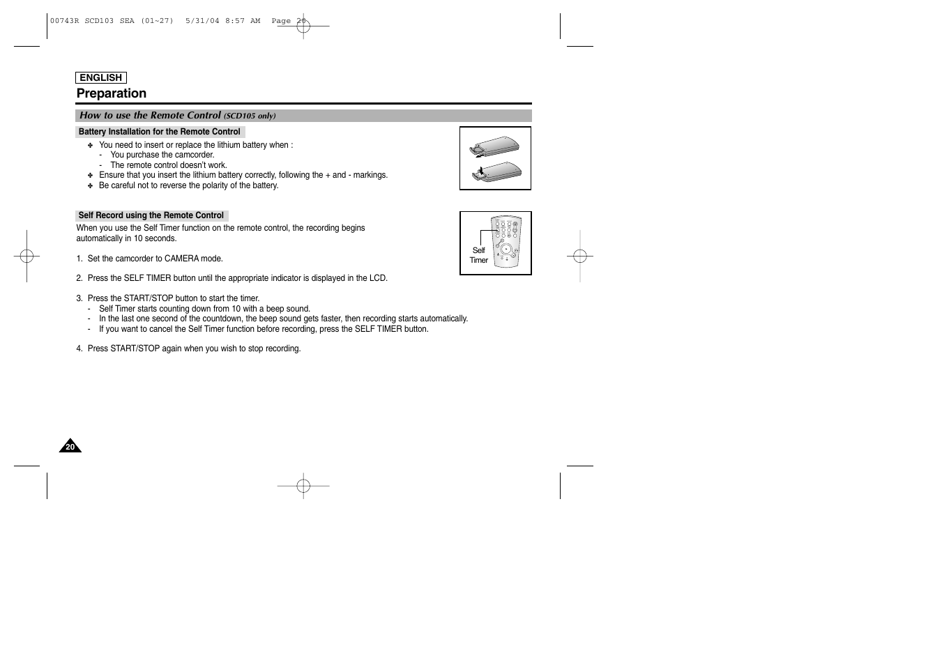 Preparation, How to use the remote control (scd105 only), Battery installation for the remote control | Self record using the remote control | Samsung SC-D105-AFS User Manual | Page 24 / 112