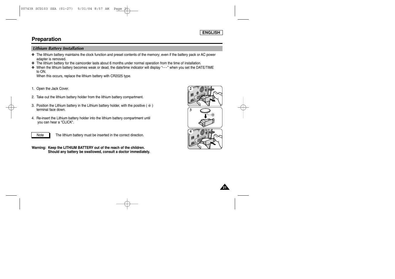 Lithium battery installation, Preparation | Samsung SC-D105-AFS User Manual | Page 25 / 112