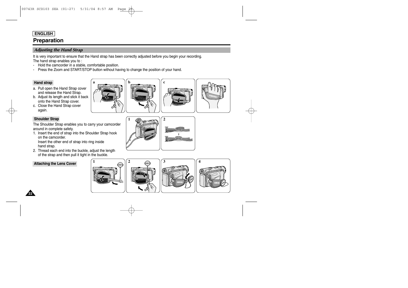 Adjusting the hand strap, Hand strap, Shoulder strap | Attaching the lens cover, Preparation | Samsung SC-D105-AFS User Manual | Page 26 / 112